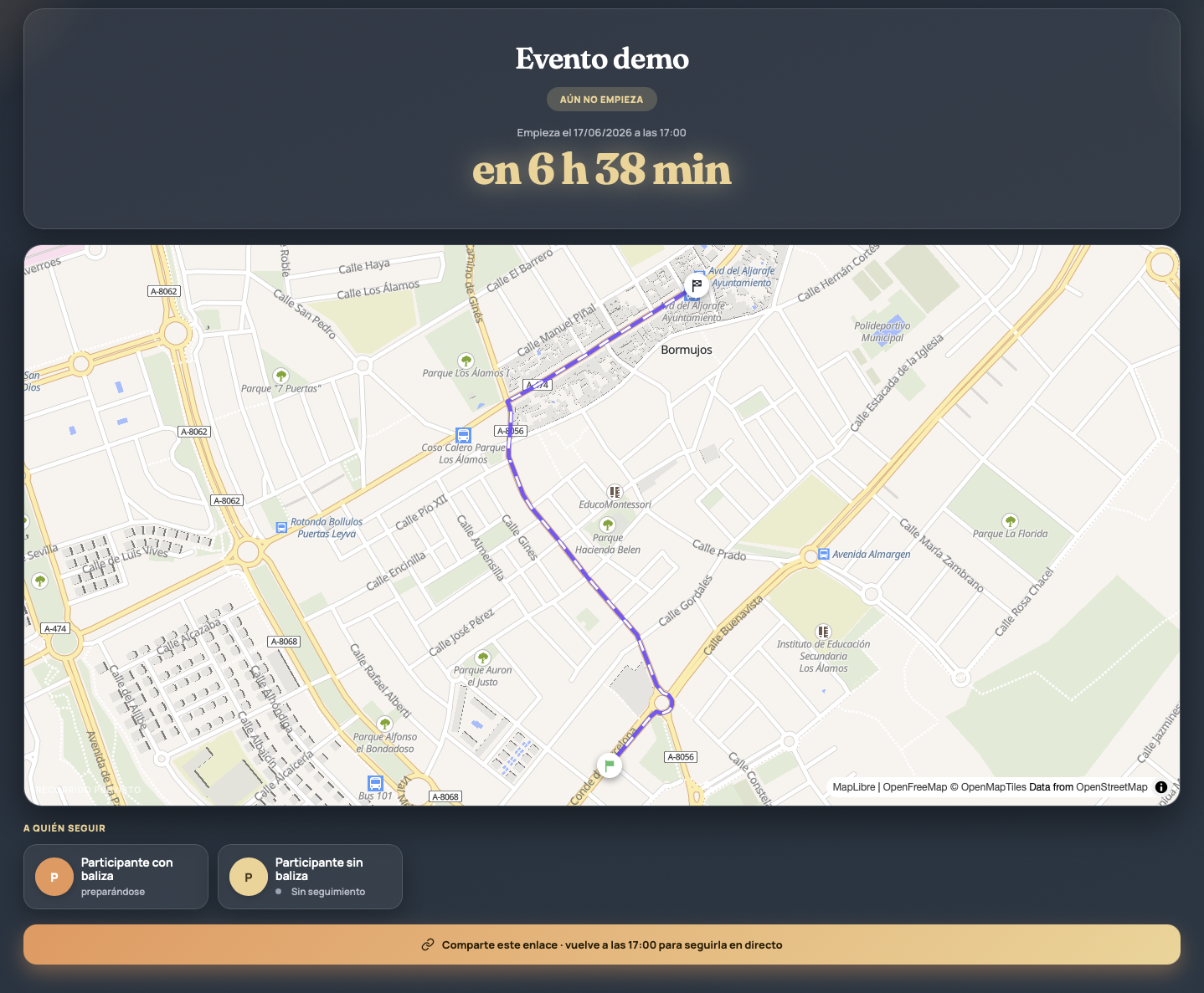 Página pública del evento antes de empezar: estado «aún no empieza», cuenta atrás y mapa con el recorrido.